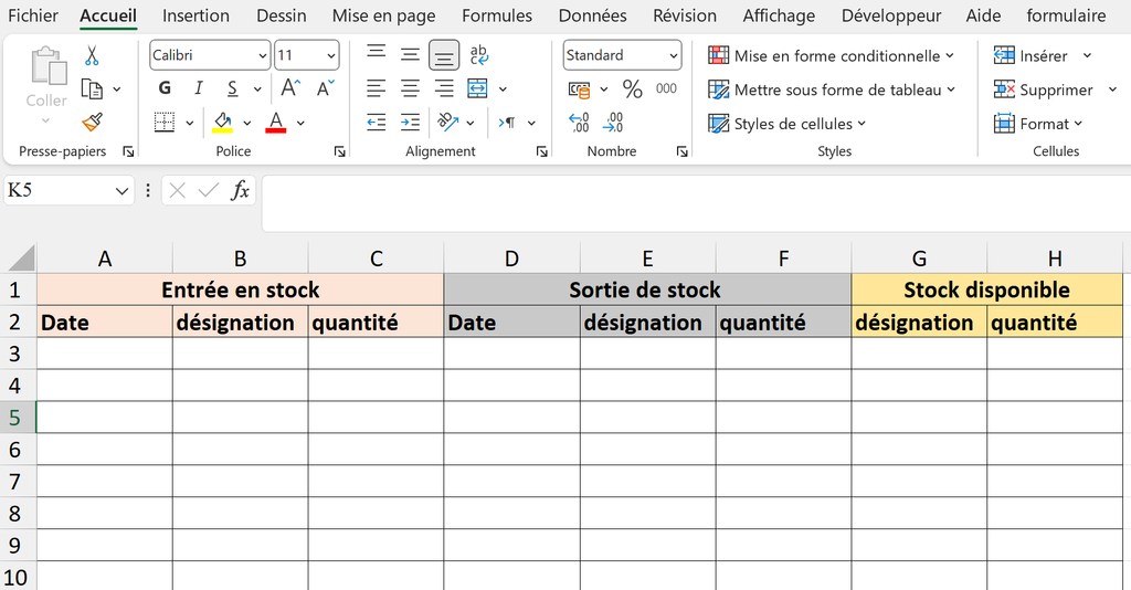 création du tableau des entrées et sorties en stock